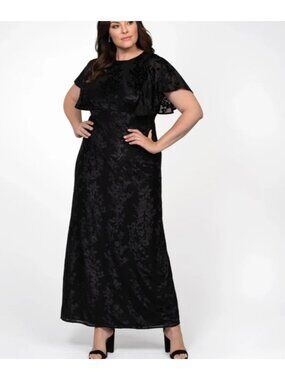 Kiyonna Parisian Dream Evening Gown Size 2X Black Velvet Maxi Flutter Sleeves